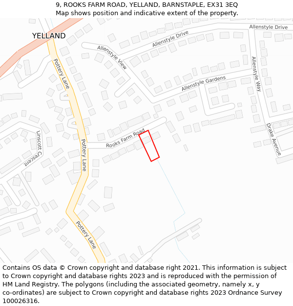 9, ROOKS FARM ROAD, YELLAND, BARNSTAPLE, EX31 3EQ: Location map and indicative extent of plot