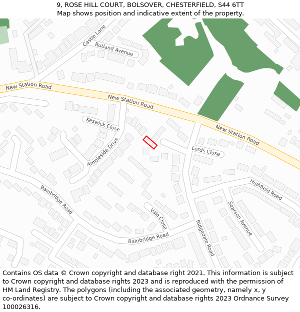 9, ROSE HILL COURT, BOLSOVER, CHESTERFIELD, S44 6TT: Location map and indicative extent of plot