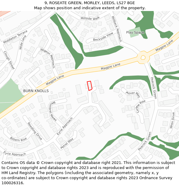 9, ROSEATE GREEN, MORLEY, LEEDS, LS27 8GE: Location map and indicative extent of plot