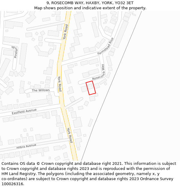 9, ROSECOMB WAY, HAXBY, YORK, YO32 3ET: Location map and indicative extent of plot