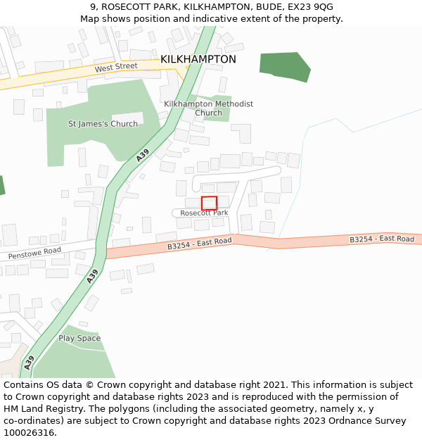 9, ROSECOTT PARK, KILKHAMPTON, BUDE, EX23 9QG: Location map and indicative extent of plot