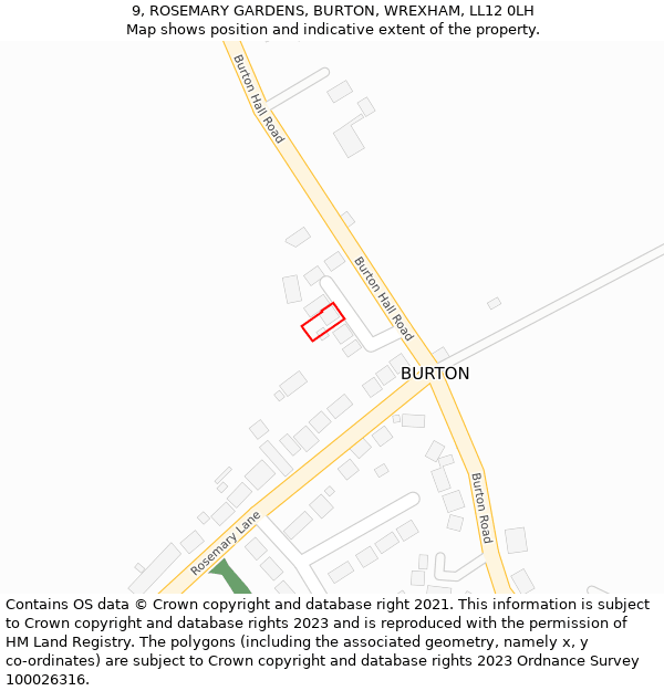 9, ROSEMARY GARDENS, BURTON, WREXHAM, LL12 0LH: Location map and indicative extent of plot