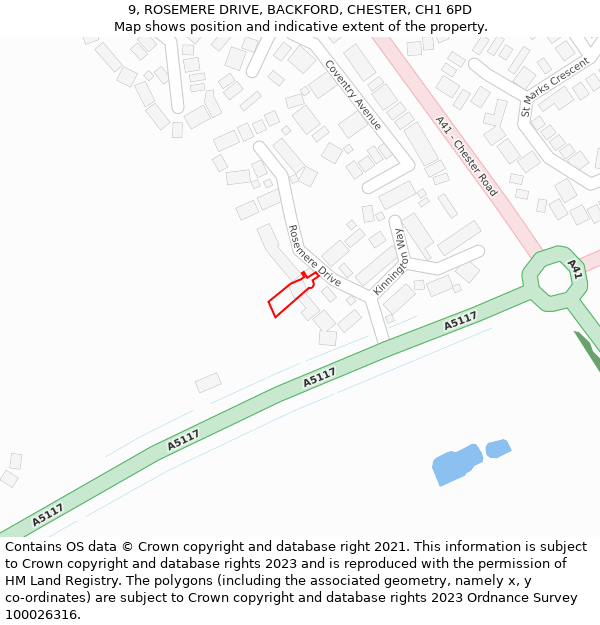 9, ROSEMERE DRIVE, BACKFORD, CHESTER, CH1 6PD: Location map and indicative extent of plot