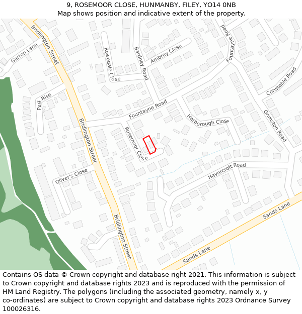 9, ROSEMOOR CLOSE, HUNMANBY, FILEY, YO14 0NB: Location map and indicative extent of plot