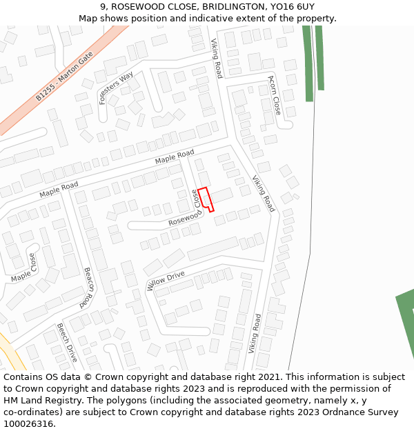 9, ROSEWOOD CLOSE, BRIDLINGTON, YO16 6UY: Location map and indicative extent of plot