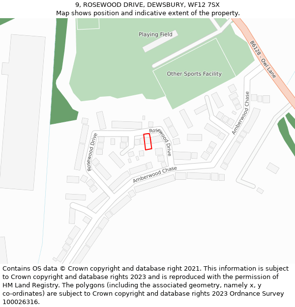 9, ROSEWOOD DRIVE, DEWSBURY, WF12 7SX: Location map and indicative extent of plot