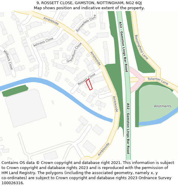 9, ROSSETT CLOSE, GAMSTON, NOTTINGHAM, NG2 6QJ: Location map and indicative extent of plot