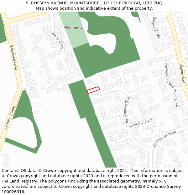 9, ROSSLYN AVENUE, MOUNTSORREL, LOUGHBOROUGH, LE12 7UQ: Location map and indicative extent of plot