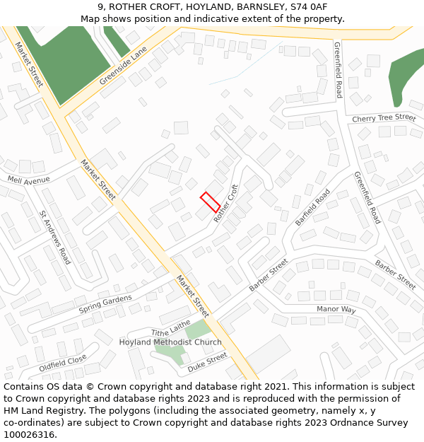 9, ROTHER CROFT, HOYLAND, BARNSLEY, S74 0AF: Location map and indicative extent of plot