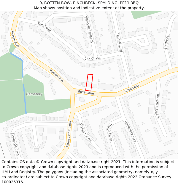 9, ROTTEN ROW, PINCHBECK, SPALDING, PE11 3RQ: Location map and indicative extent of plot