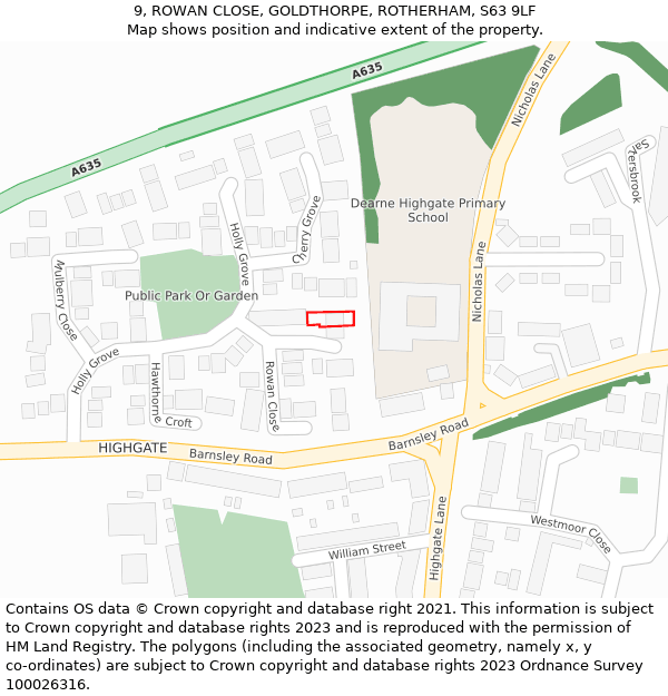 9, ROWAN CLOSE, GOLDTHORPE, ROTHERHAM, S63 9LF: Location map and indicative extent of plot