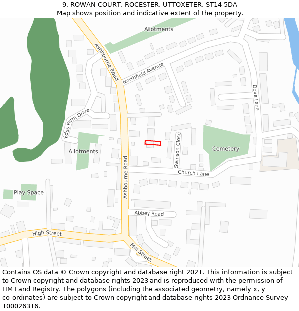 9, ROWAN COURT, ROCESTER, UTTOXETER, ST14 5DA: Location map and indicative extent of plot