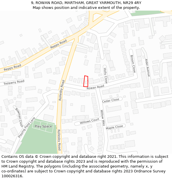 9, ROWAN ROAD, MARTHAM, GREAT YARMOUTH, NR29 4RY: Location map and indicative extent of plot