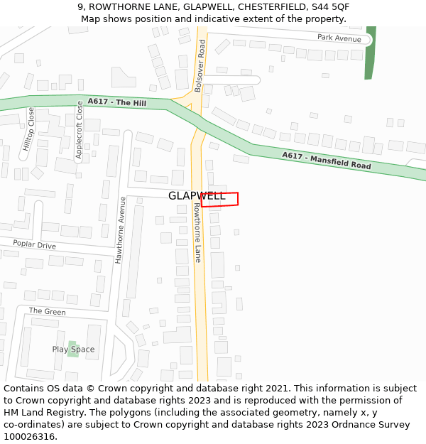 9, ROWTHORNE LANE, GLAPWELL, CHESTERFIELD, S44 5QF: Location map and indicative extent of plot