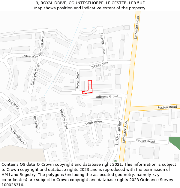 9, ROYAL DRIVE, COUNTESTHORPE, LEICESTER, LE8 5UF: Location map and indicative extent of plot