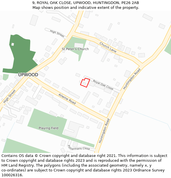 9, ROYAL OAK CLOSE, UPWOOD, HUNTINGDON, PE26 2AB: Location map and indicative extent of plot