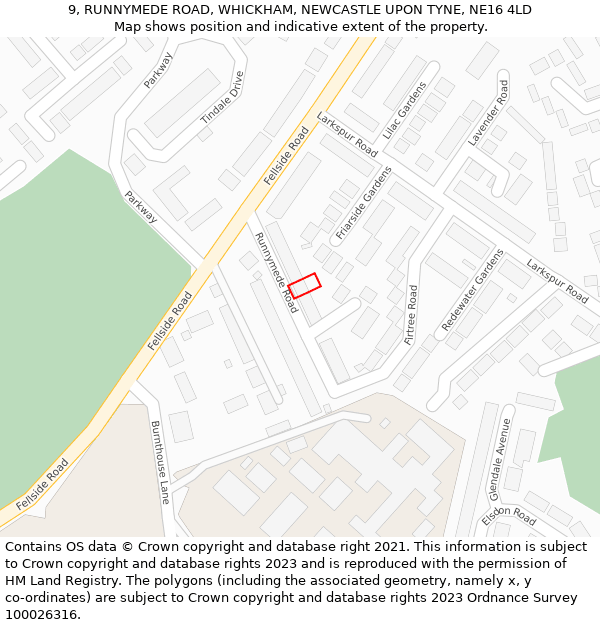 9, RUNNYMEDE ROAD, WHICKHAM, NEWCASTLE UPON TYNE, NE16 4LD: Location map and indicative extent of plot
