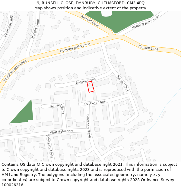 9, RUNSELL CLOSE, DANBURY, CHELMSFORD, CM3 4PQ: Location map and indicative extent of plot