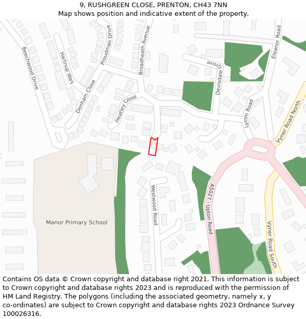 9, RUSHGREEN CLOSE, PRENTON, CH43 7NN: Location map and indicative extent of plot