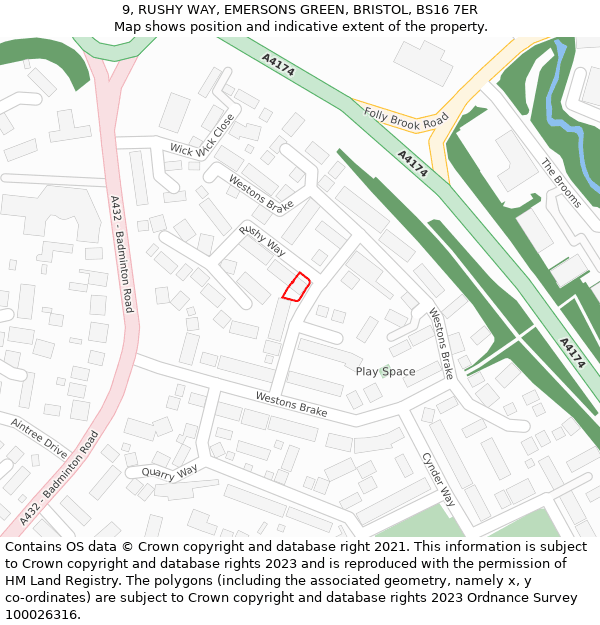 9, RUSHY WAY, EMERSONS GREEN, BRISTOL, BS16 7ER: Location map and indicative extent of plot