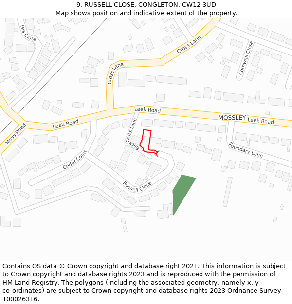 9, RUSSELL CLOSE, CONGLETON, CW12 3UD: Location map and indicative extent of plot