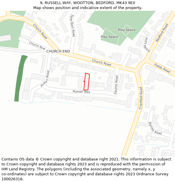 9, RUSSELL WAY, WOOTTON, BEDFORD, MK43 9EX: Location map and indicative extent of plot