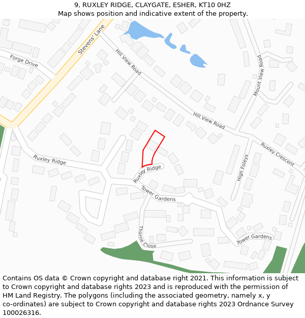 9, RUXLEY RIDGE, CLAYGATE, ESHER, KT10 0HZ: Location map and indicative extent of plot