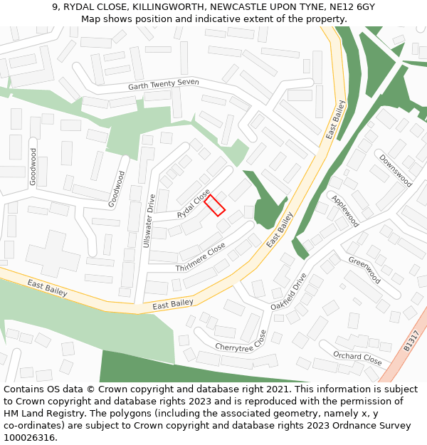 9, RYDAL CLOSE, KILLINGWORTH, NEWCASTLE UPON TYNE, NE12 6GY: Location map and indicative extent of plot