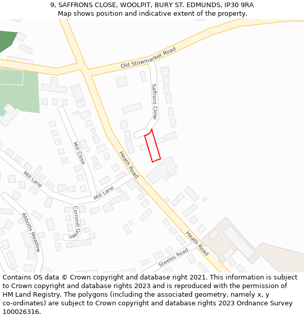 9, SAFFRONS CLOSE, WOOLPIT, BURY ST. EDMUNDS, IP30 9RA: Location map and indicative extent of plot