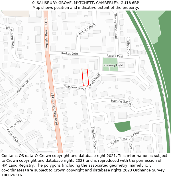 9, SALISBURY GROVE, MYTCHETT, CAMBERLEY, GU16 6BP: Location map and indicative extent of plot