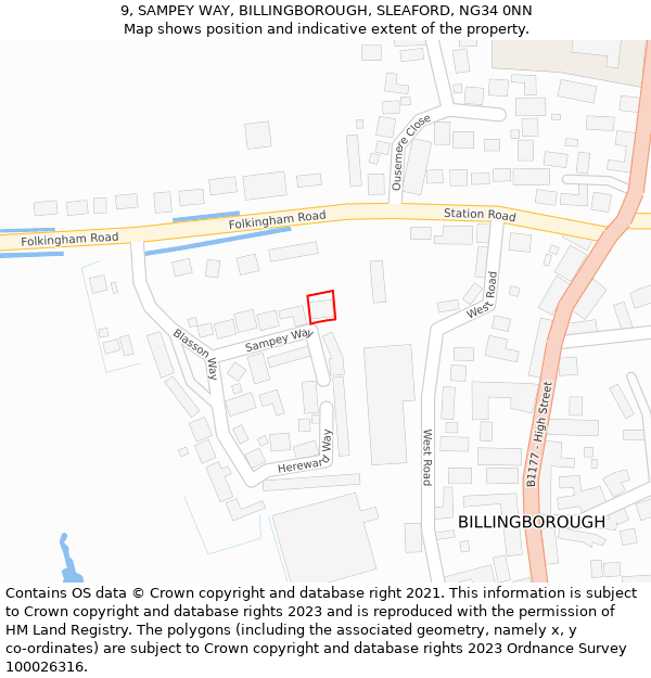 9, SAMPEY WAY, BILLINGBOROUGH, SLEAFORD, NG34 0NN: Location map and indicative extent of plot