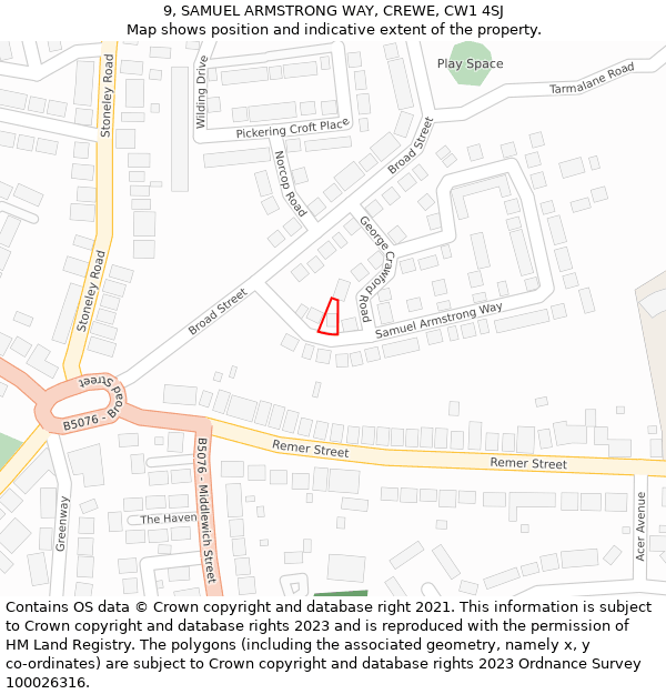 9, SAMUEL ARMSTRONG WAY, CREWE, CW1 4SJ: Location map and indicative extent of plot