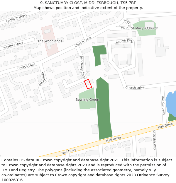 9, SANCTUARY CLOSE, MIDDLESBROUGH, TS5 7BF: Location map and indicative extent of plot