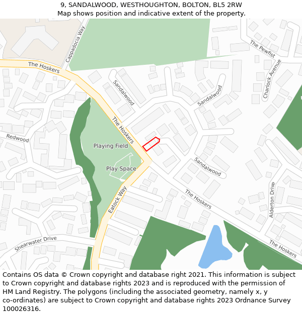 9, SANDALWOOD, WESTHOUGHTON, BOLTON, BL5 2RW: Location map and indicative extent of plot