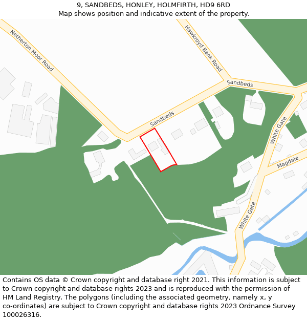 9, SANDBEDS, HONLEY, HOLMFIRTH, HD9 6RD: Location map and indicative extent of plot