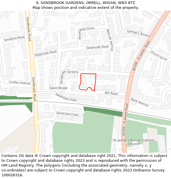 9, SANDBROOK GARDENS, ORRELL, WIGAN, WN5 8TZ: Location map and indicative extent of plot