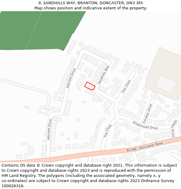 9, SANDHILLS WAY, BRANTON, DONCASTER, DN3 3FA: Location map and indicative extent of plot