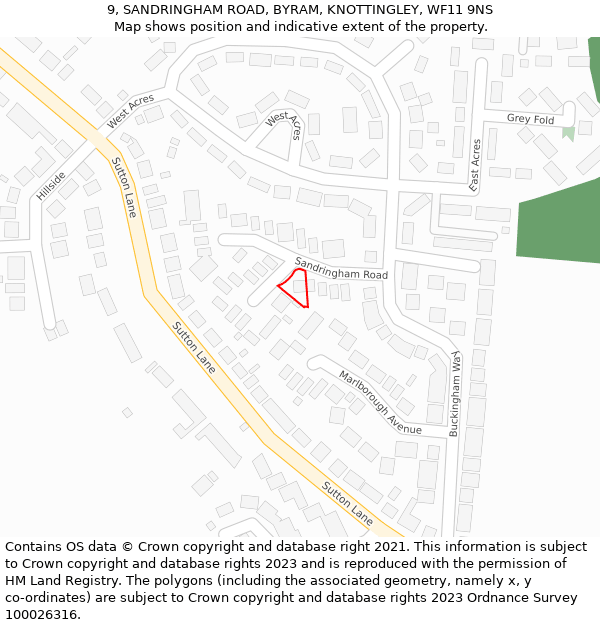 9, SANDRINGHAM ROAD, BYRAM, KNOTTINGLEY, WF11 9NS: Location map and indicative extent of plot