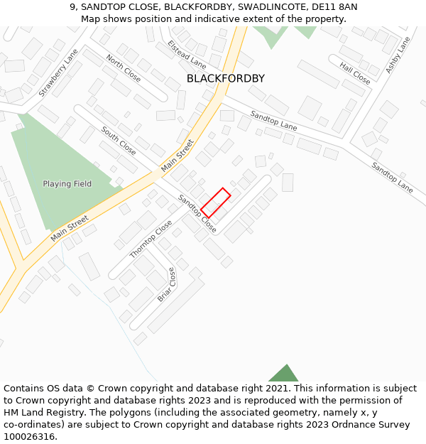 9, SANDTOP CLOSE, BLACKFORDBY, SWADLINCOTE, DE11 8AN: Location map and indicative extent of plot