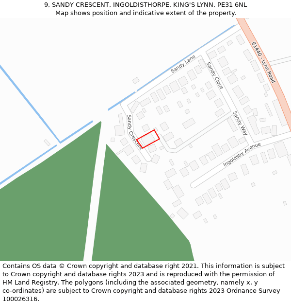 9, SANDY CRESCENT, INGOLDISTHORPE, KING'S LYNN, PE31 6NL: Location map and indicative extent of plot