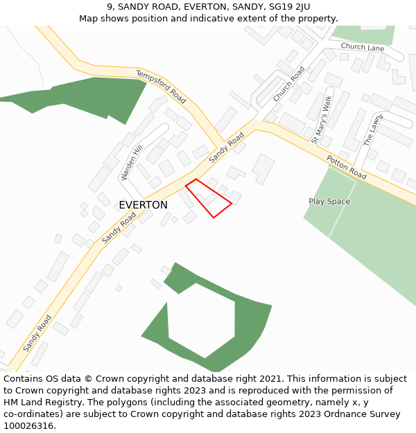 9, SANDY ROAD, EVERTON, SANDY, SG19 2JU: Location map and indicative extent of plot