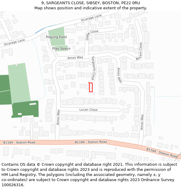 9, SARGEANTS CLOSE, SIBSEY, BOSTON, PE22 0RU: Location map and indicative extent of plot