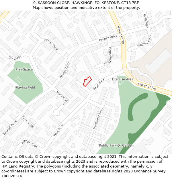 9, SASSOON CLOSE, HAWKINGE, FOLKESTONE, CT18 7RE: Location map and indicative extent of plot