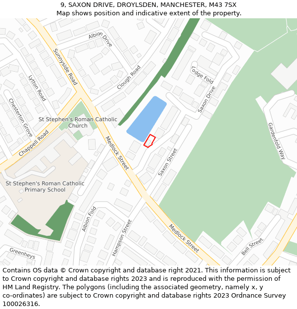 9, SAXON DRIVE, DROYLSDEN, MANCHESTER, M43 7SX: Location map and indicative extent of plot