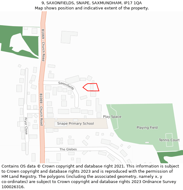 9, SAXONFIELDS, SNAPE, SAXMUNDHAM, IP17 1QA: Location map and indicative extent of plot