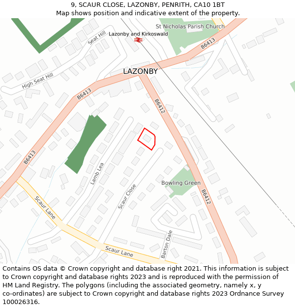 9, SCAUR CLOSE, LAZONBY, PENRITH, CA10 1BT: Location map and indicative extent of plot