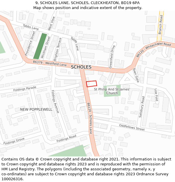 9, SCHOLES LANE, SCHOLES, CLECKHEATON, BD19 6PA: Location map and indicative extent of plot