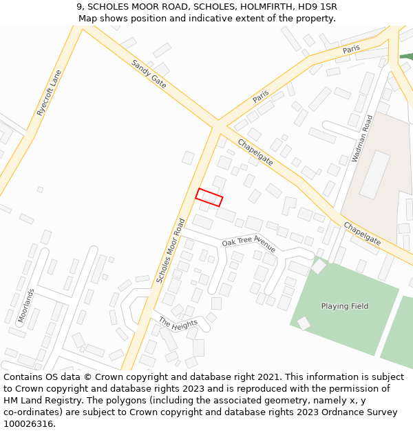 9, SCHOLES MOOR ROAD, SCHOLES, HOLMFIRTH, HD9 1SR: Location map and indicative extent of plot