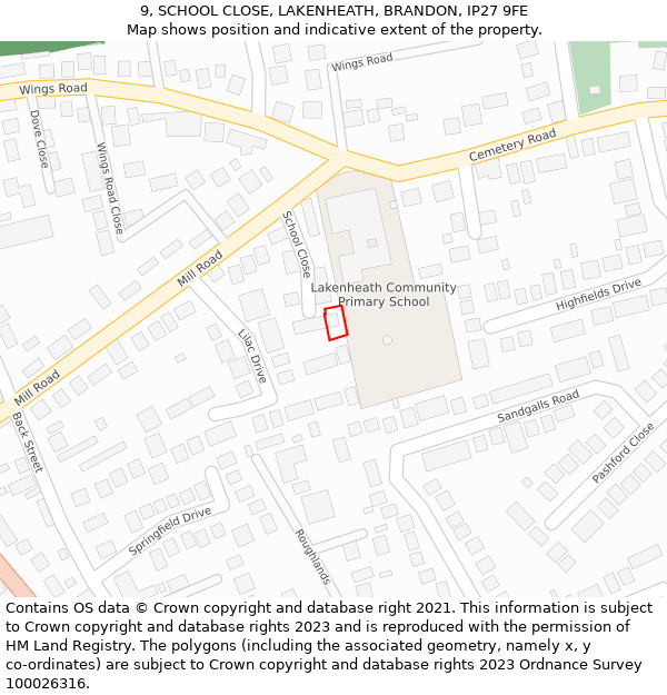 9, SCHOOL CLOSE, LAKENHEATH, BRANDON, IP27 9FE: Location map and indicative extent of plot