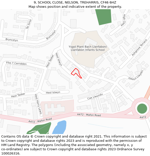 9, SCHOOL CLOSE, NELSON, TREHARRIS, CF46 6HZ: Location map and indicative extent of plot